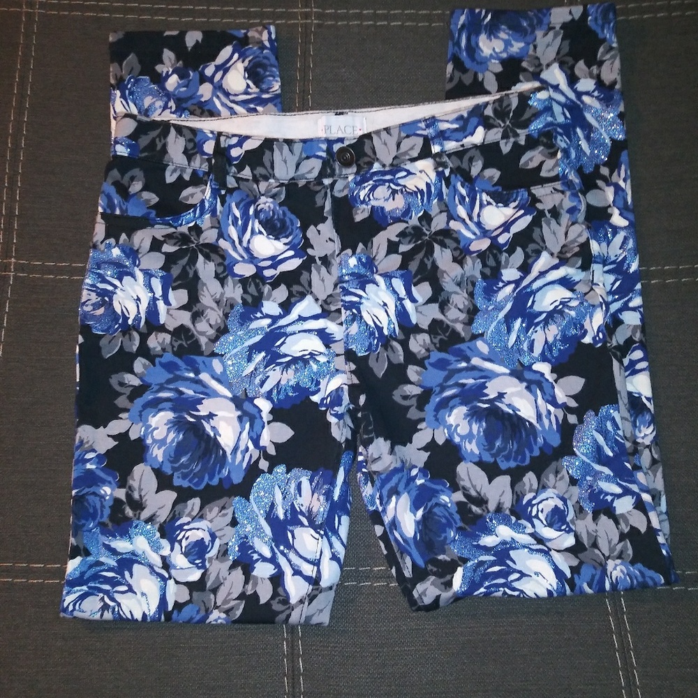 Children's Place Girls Blue Floral Jeggings Sz 12
